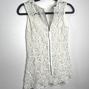 CAbi crocheted lace peplum zip tank top XS